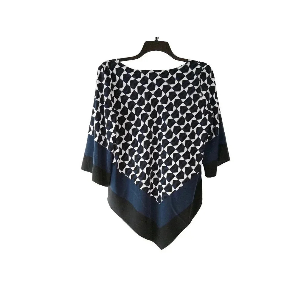 Alfani Womens Top Black Blue Geometric Pullover Asymmetrical Blouse Size 14 - Picture 2 of 9